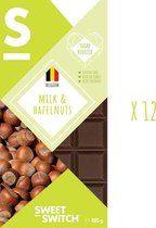 SWEET-SWITCH® - Belgische Melkchocolade met Hazelnoten - Chocolade - Nootjes - Suikerarm - Glutenvrij - KETO - 12 x 100 g