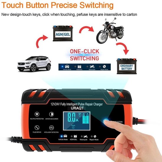12V / 24V 8A Intelligente Batterijlader, Draagbare Batterijlader Onderhouder En Auto Reparatie Functie Met Lcd Scherm Voor Auto Motorfiets Vrachtwagen Agm