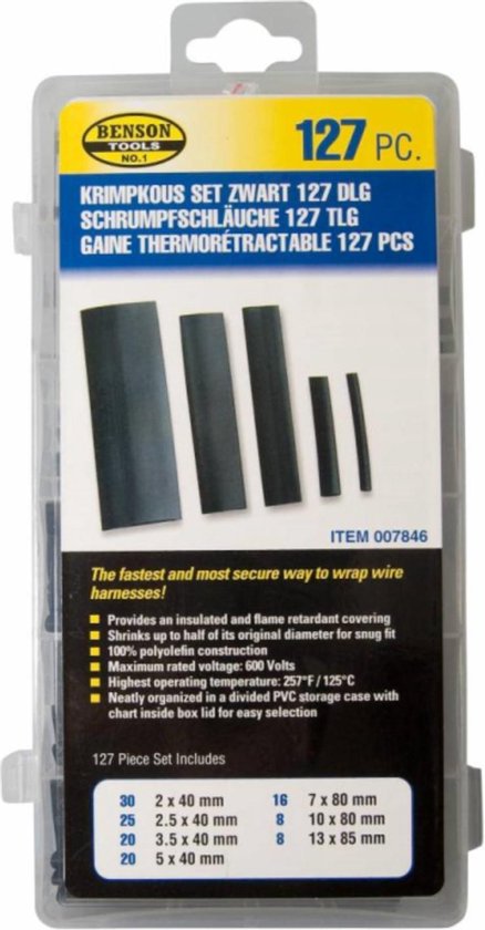 Verpakking Benson Tools 127 stuks krimpkousen zwart. Met afbeeldingen van de maten. Inclusief maattabel.