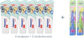 6x Prodent Tandpasta Woezel & Pip 0-6 jaar + 2 tandenborstels Kids Soft zandloper 2 min