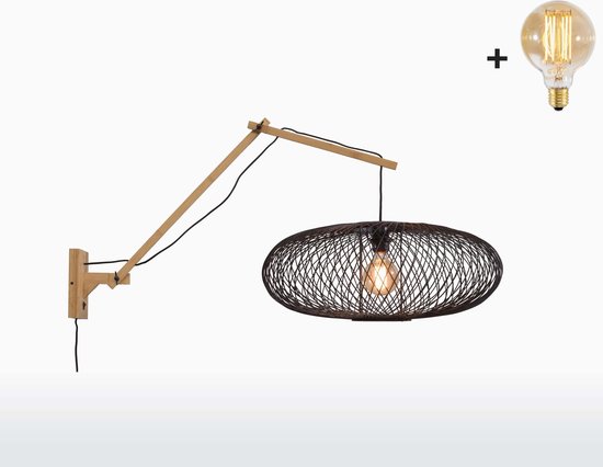 Wandlamp met Lange Arm - CANGO - Naturel Bamboe - Zwarte Kap (60x25cm) - Met LED-lamp