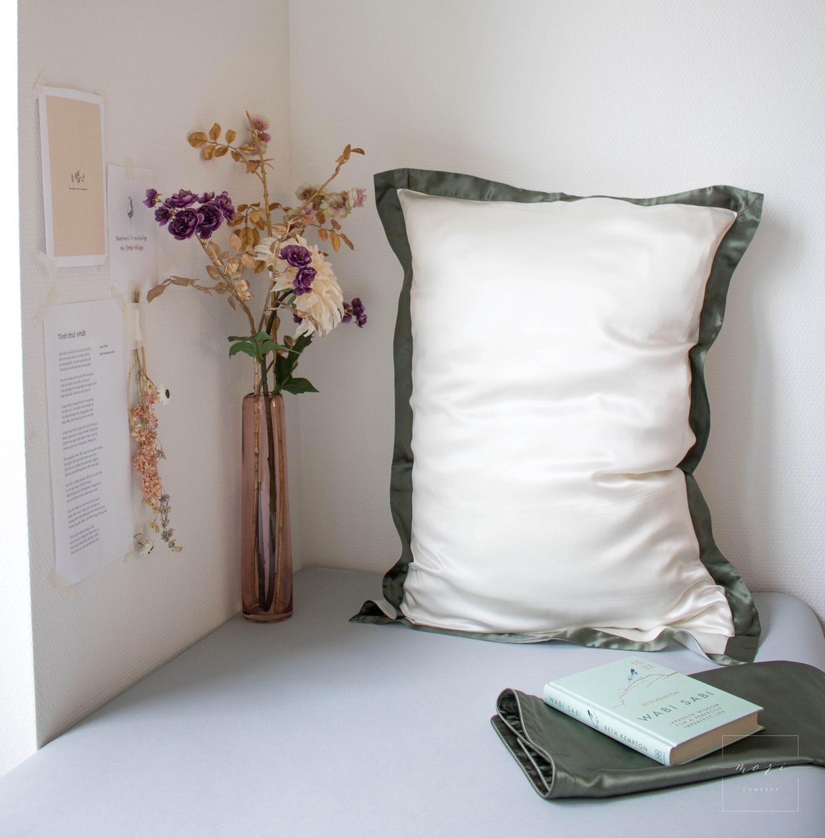 Mori Concept - Delight zijden kussensloop - 50x75 - Creme + Moss Groen - 100% Moerbei zijde –Mulberry Silk Pillowcase