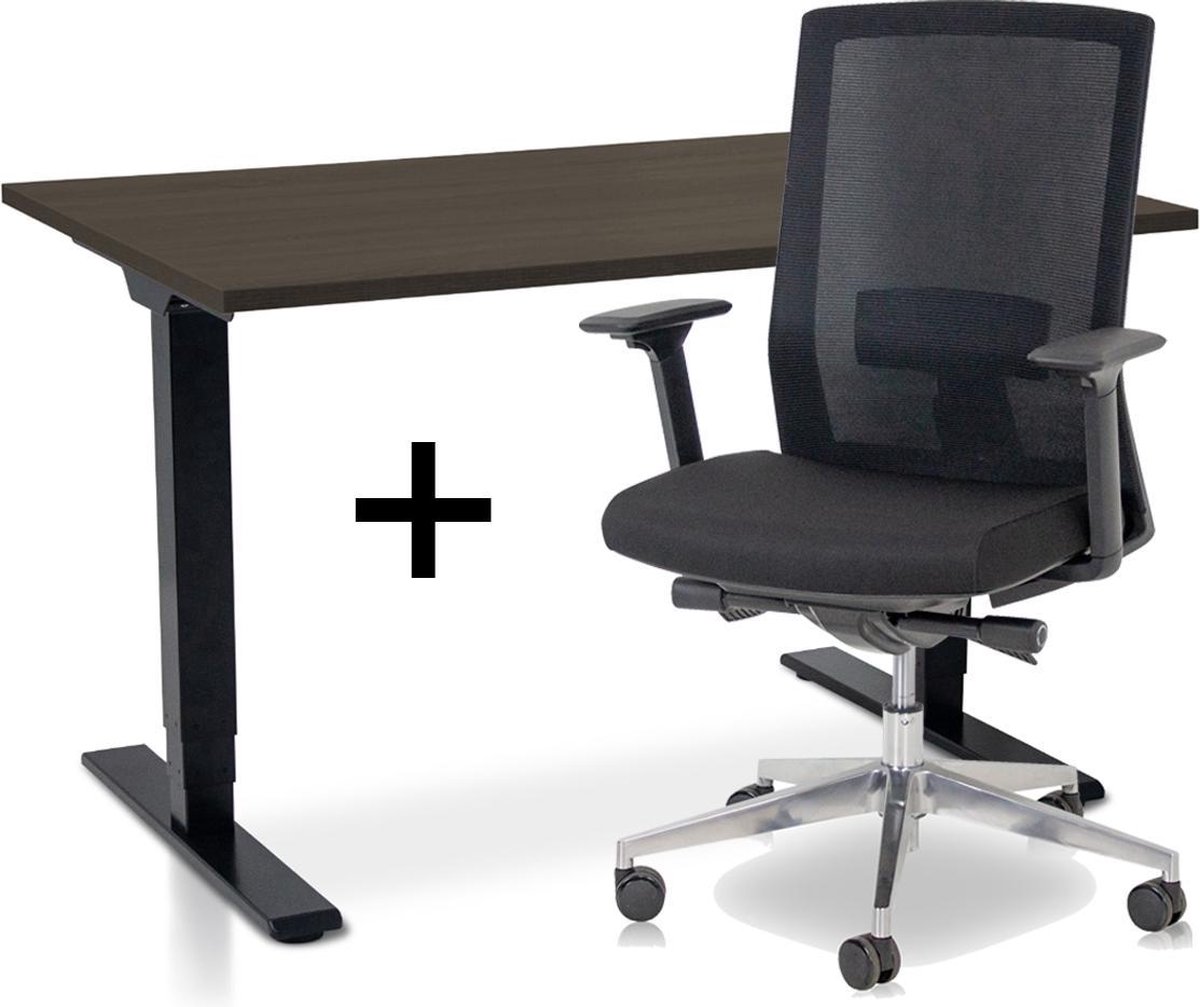 Lineaflex MRC Zit-sta bureau elektrisch verstelbaar + ERGO Bureaustoel | ARBO COMFORT NEN-EN 527 Thuiswerkset | frame bureau zwart - bureaublad bruin eiken | 140x80 cm Zwart bureauframe
