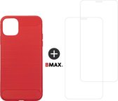 BMAX Telefoonhoesje voor iPhone 12 Pro - Carbon softcase hoesje rood - Met 2 screenprotectors