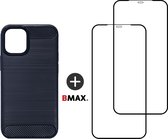 BMAX Telefoonhoesje voor iPhone 12 Pro Max - Carbon softcase hoesje blauw - Met 2 screenprotectors full cover