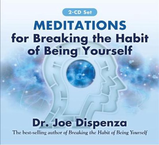 2-CD set Meditaties voor het doorbreken van de gewoonte om jezelf te zijn, Dr. Joe Dispenza. Illustratie van een hoofd met een doolhof en kosmische deeltjes.