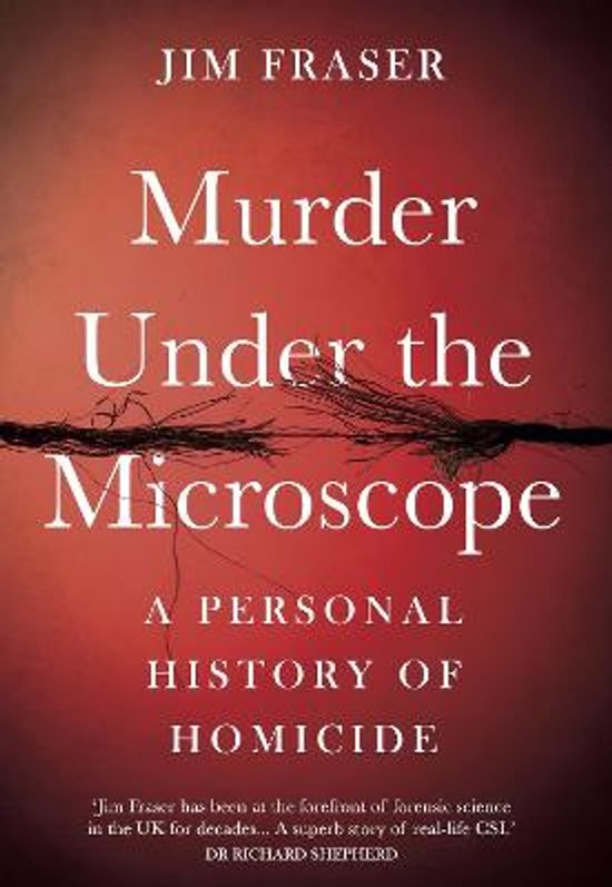 Boekomslag van 'Murder Under the Microscope' door Jim Fraser, met een close-up van een touw en rode achtergrond.