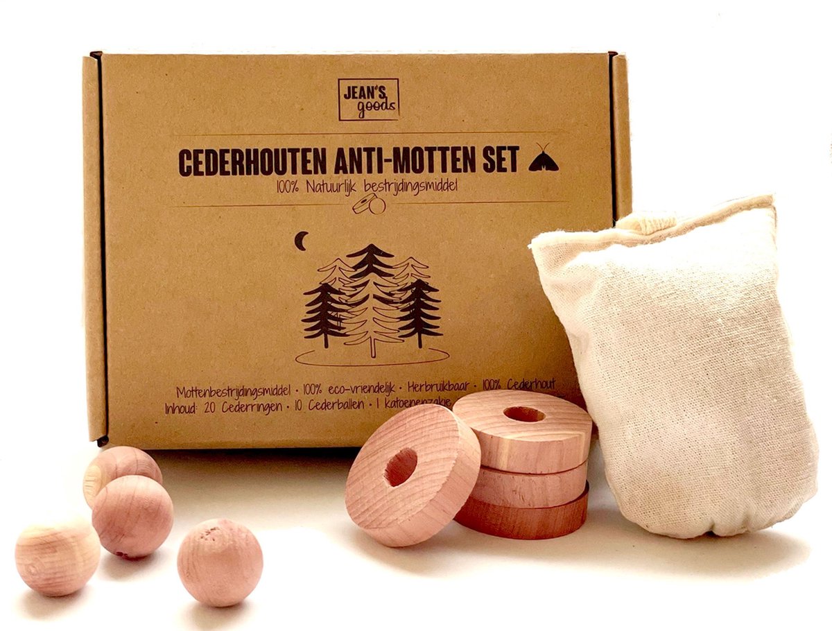 Jean's goods Cederhouten anti-motten set - 10 Mottenballen - 20 Garderobe ringen - 1 zakje snippers - Motten bestrijden - Anti-mot - Natuurlijk bestrijdingsmiddel - 100% Cederhout tegen motten - 31 Stuks