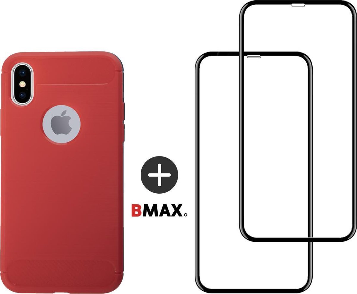 BMAX Telefoonhoesje geschikt voor iPhone X - Carbon softcase hoesje rood - Met 2 screenprotectors full cover