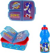 Sonic 3 compartimenten brooddoos (18 cm - 14 cm - 6 cm) + Drinkfles (18 cm hoog - 400 ml)