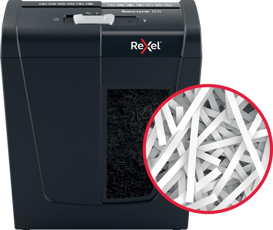 Zwarte Rexel papierversnipperaar met zicht op versnipperde papierstroken.