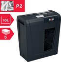 Zwarte Rexel papierversnipperaar met P2-indicatie en 10L inhoud.