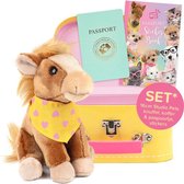 Speelgoed Knuffel Paard -  Shetland Pony Milly 16cm - Pluche - incl. koffer en stickerboek - Bruin | Geel