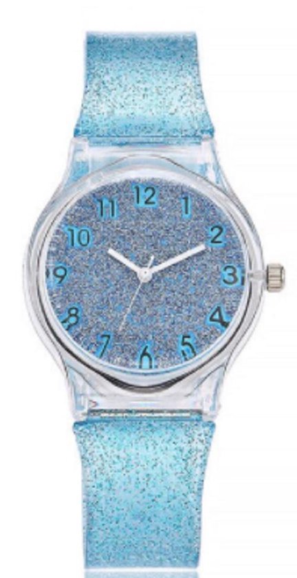 Glitter horloge - blauw - kinderen/ tieners - 33 mm - I-deLuxe verpakking
