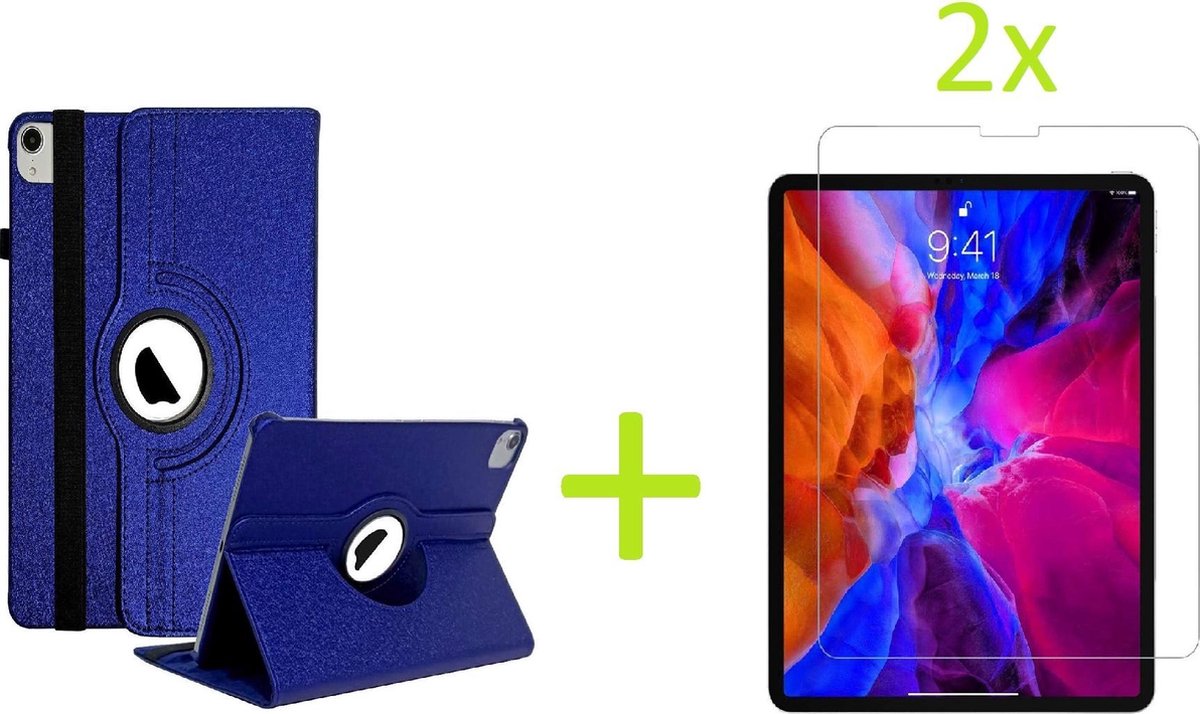 Geschikt voor Apple iPad Air 4 (2020) 10.9 inch Multi Stand Case - 360 Draaibaar Tablet hoesje - Tablethoes - Donkerblauw + 2x Screenprotector