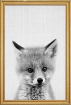 JUNIQE - Poster met houten lijst Baby vos - monochrome foto -60x90