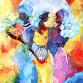 JJ-Art (Canvas) | Afrikaanse vrouwen met bloemen, abstract in olieverf look - woonkamer | modern, blauw, geel, roze, rood, vierkant | Foto-Schilderij print op Canvas (canvas wandde