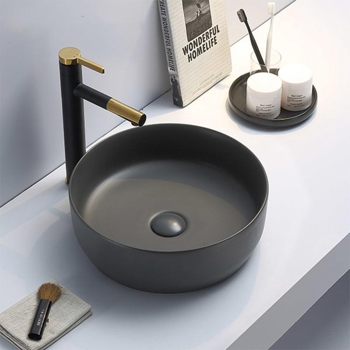 Blue Monaco waskom rond met clickwaste 39cm mat antraciet
