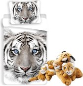 Dekbedovertrek Tijger - 1 persoons - Dekbed jongens meisjes - White Tiger- blauwe ogen- Katoen, incl. pluche speelgoed tijger 55 cm