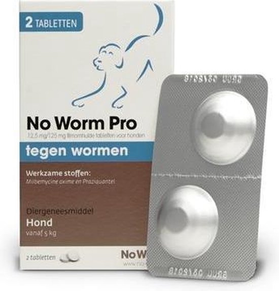 No Worm Pro tabletten (2 stuks) voor honden vanaf 5 kg en blisterverpakking.
