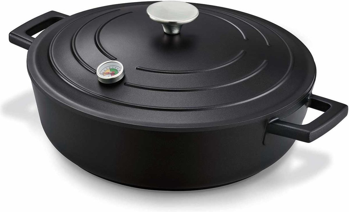 KitchenFun Ragu Non-Stick Hapjespan / Skillet Ø 28cm – Inclusief Thermometer – 100% PFAS vrij – Energy Saving- Inductie geschikt- Hoogwaardig lichtgewicht Aluminium- Keramische coating -Anti Aanbaklaag – Zwart