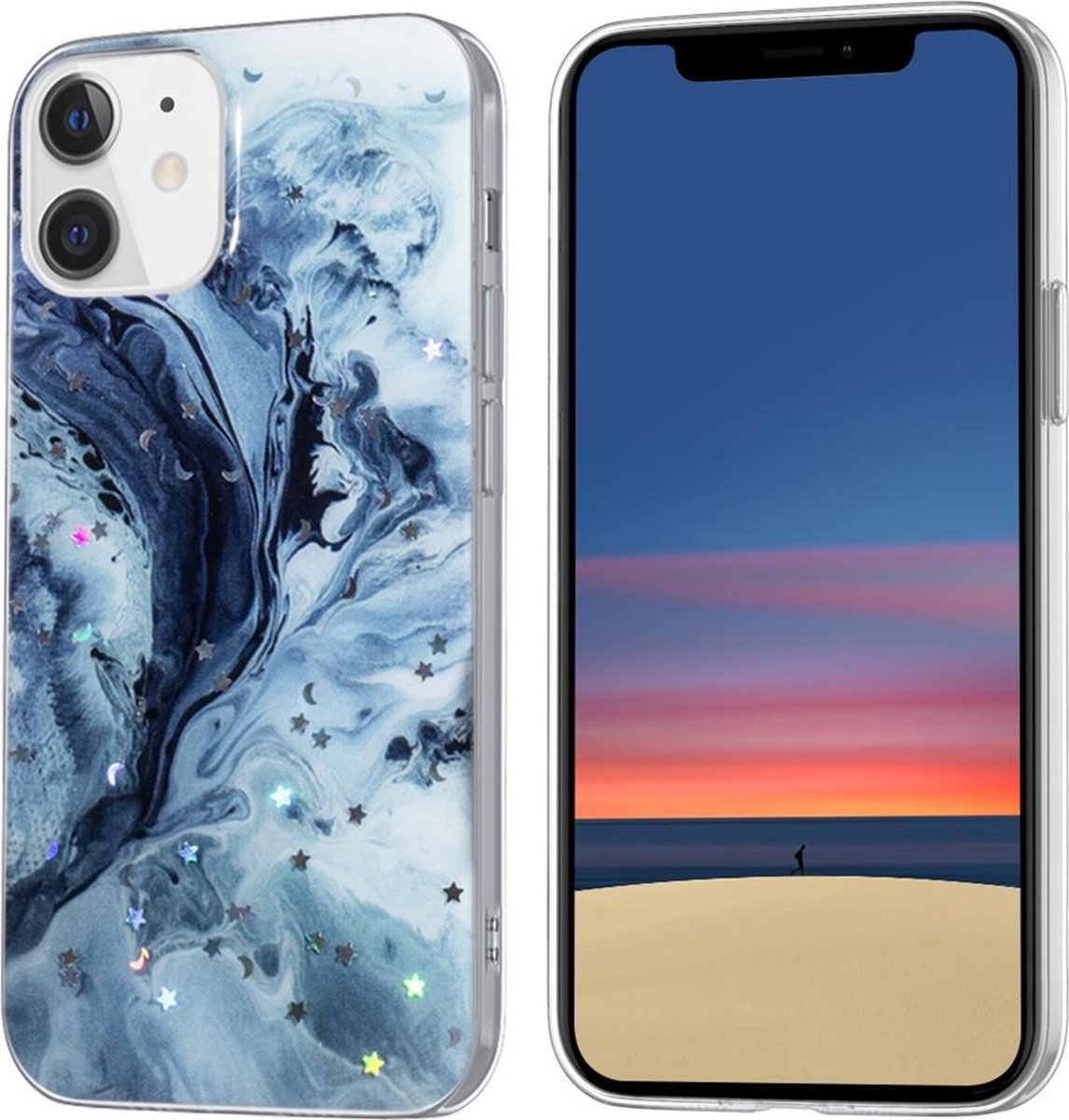 Apple iPhone 12 Mini TPU Backcover - Donker Blauw Glitter Print