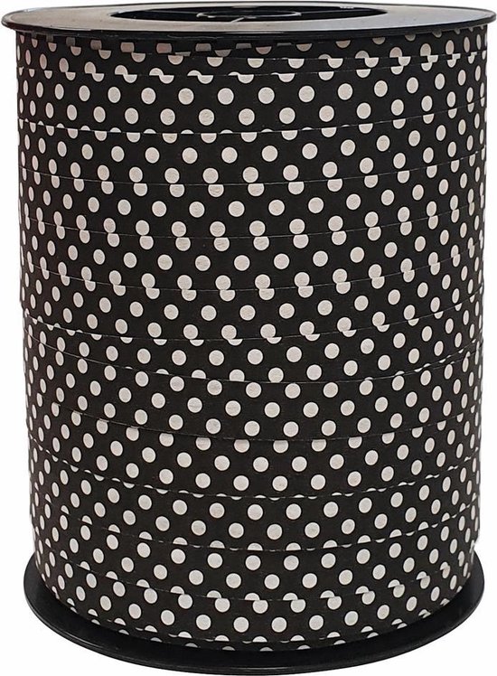 Sierlint / cadeaulint / verpakkingslint / krullint zwart met witte dots 10mm x 250 meter