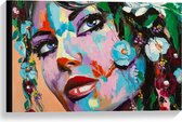 Canvas - Gekleurde Getekende Vrouw - 60x40cm Foto op Canvas Schilderij (Wanddecoratie op Canvas)
