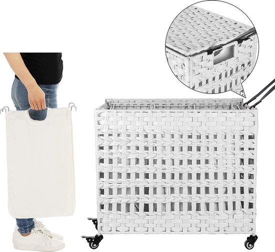 Panier à linge tissé à la main, panier à linge en poly rotin, avec 3 compartiments, couvercle et poignées, poches amovibles, salon, chambre, buanderie, blanc