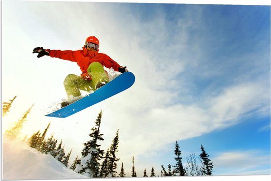 Forex - Snowboarder in de Lucht - 90x60cm Foto op Forex