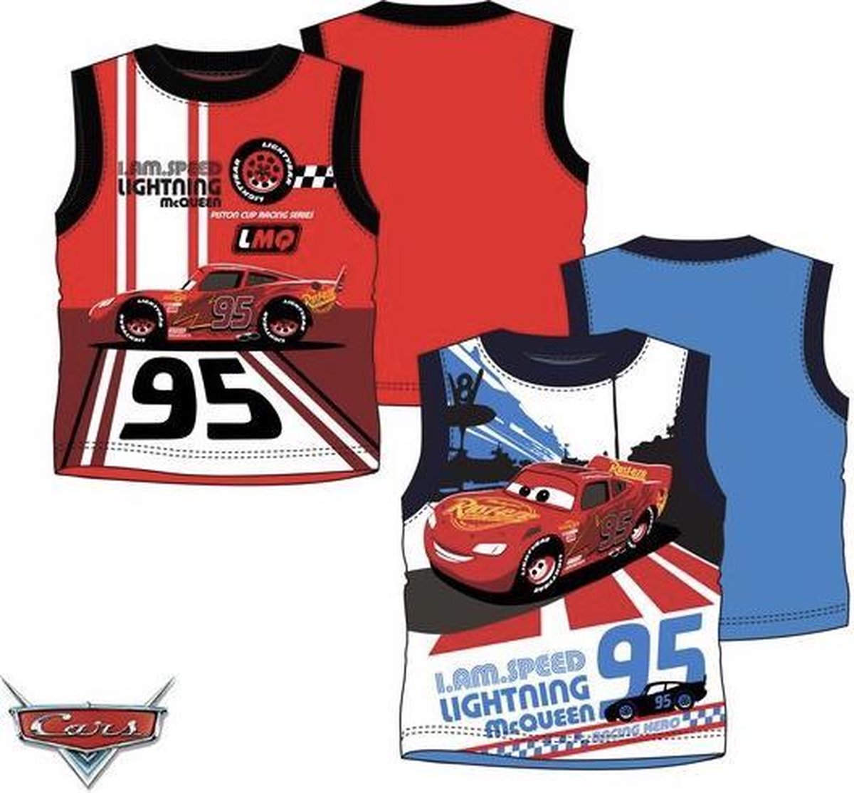 Disney Cars mouwloos T-shirt - set van 2 stuks - rood + blauw - maat 104 (4 jaar)
