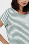 Close-up van een groen gestreept t-shirt met witte strepen en opgerolde korte mouwen.