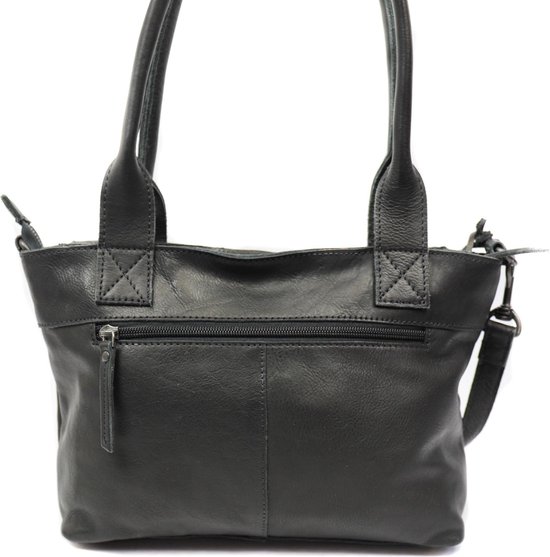 Sac à main noir en cuir avec poche zippée sur le devant et doubles poignées.