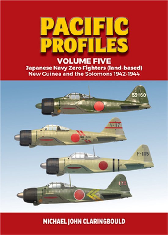 Couverture du livre 'Pacific Profiles - Volume Five', montrant quatre avions Zero japonais avec des cercles rouges distinctifs sur les ailes et le fuselage.