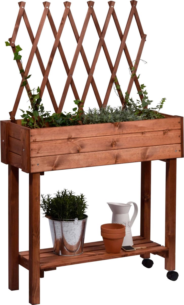 Moestuinbak moestuintafel oppottafel kweektafel plantentafel met trosondersteuning 79x28x130cm - bruin