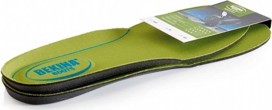 Groene Bekina instapzolen met blauw logo en maatindicatie.