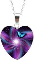 Verzilverde Bedel Vlinder | Bedel Hanger | Ketting Paars / Blauw| Hart Sierraad