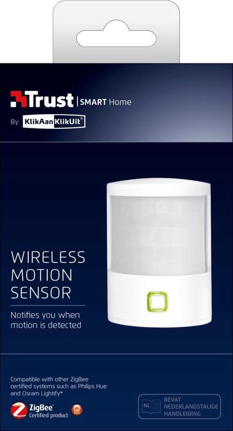 Verpakking van een witte draadloze bewegingsmelder van Trust. Met Zigbee logo.