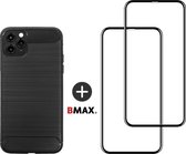 BMAX telefoonhoesje geschikt voor iPhone 11 Pro Max - Carbon softcase hoesje zwart - Met 2 screenprotectors full cover