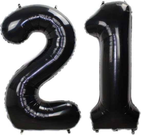 Folie Ballon Cijfer 21 Jaar Zwart 36Cm Verjaardag Folieballon Met Rietje