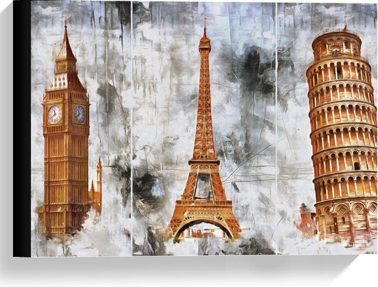 Canvas  - Big Ben, Eiffeltoren, Toren van Pisa - 40x30cm Foto op Canvas Schilderij (Wanddecoratie op Canvas)
