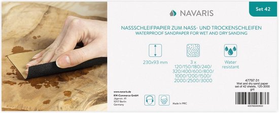 Navaris schuurpapier - 42 stuks - Voor nat en droog gebruik - Geschikt voor handschuren - 93 x 230 mm - Korrelgrootte P120-P3000 - Waterproof - Navaris
