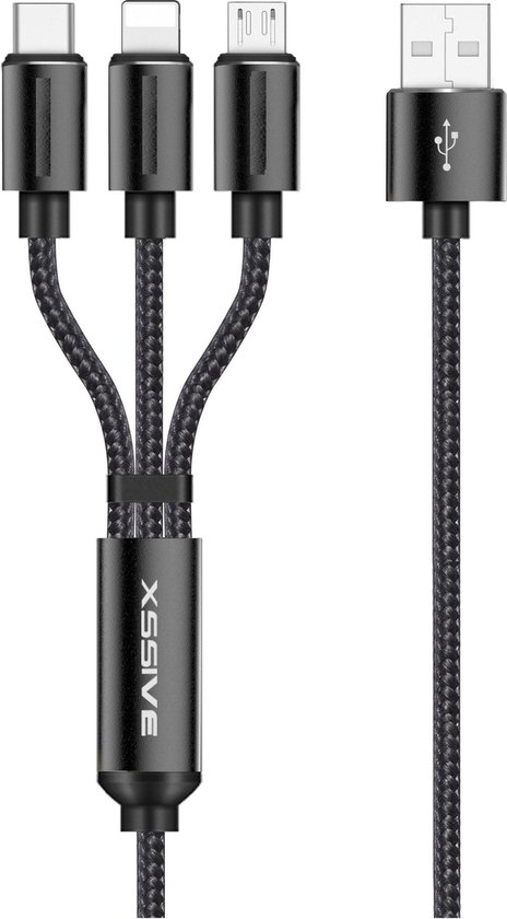 Câble 3-en-1 USB-C + Micro-USB + Lightning vers USB - Zwart