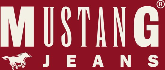 Logo van Mustang Jeans met een paard en tekst.