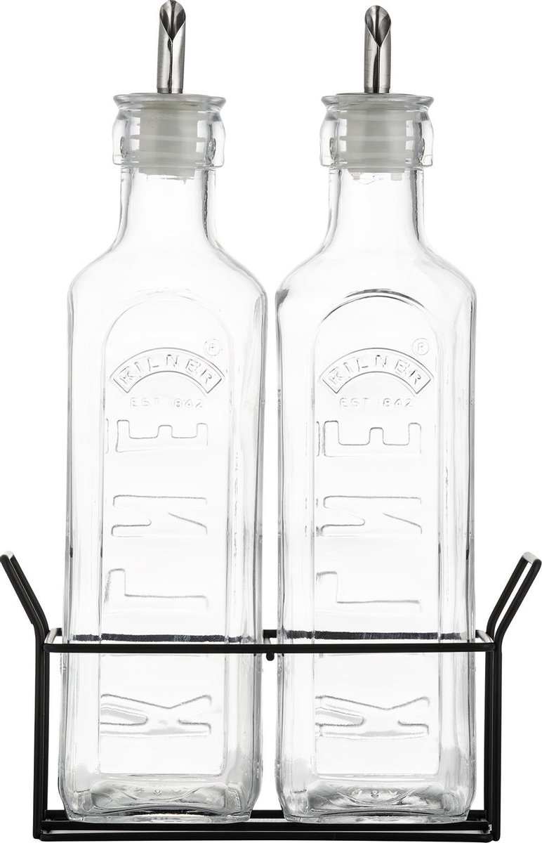 Kilner - Olie- en azijnstel - Set van 2 olieflessen - Glas - Metalen houder - Zwart - 600ml