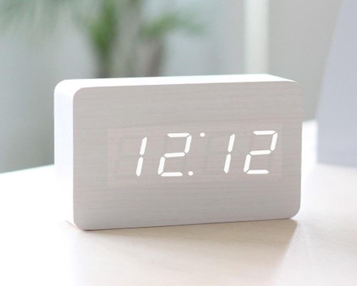 Houten wekker Alarm Clock Rechthoek midden Wit kleur Reiswekker