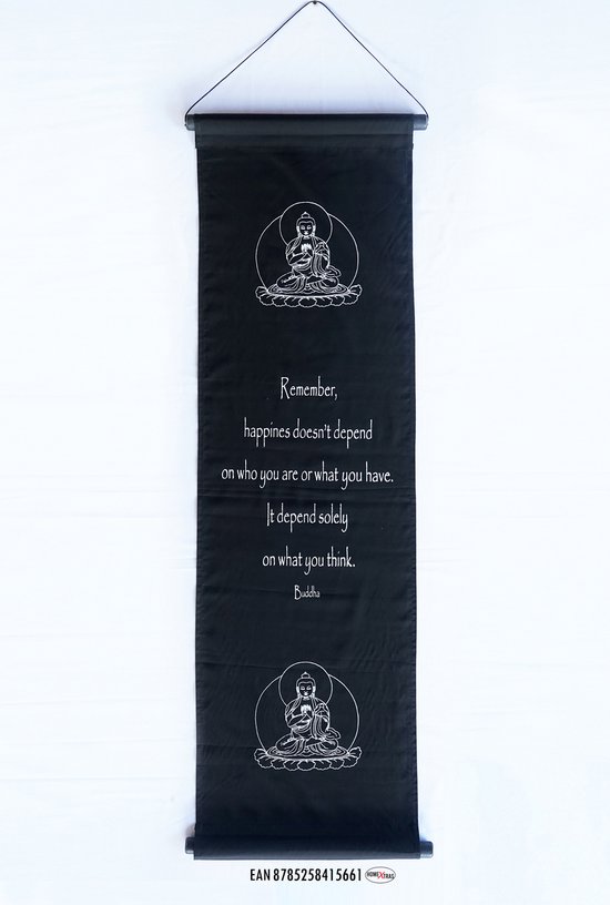 Buddha - Wanddoek - Wandkleed - Wanddecoratie - Muurdecoratie - Spreuken - Meditatie - Educatie - Filosofie - Spiritualiteit - Zwart Doek - Witte Tekst - 122 x 35 cm