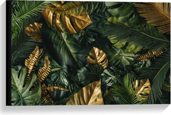 Canvas  - Gouden Bladeren tussen Groen Bos - 60x40cm Foto op Canvas Schilderij (Wanddecoratie op Canvas)