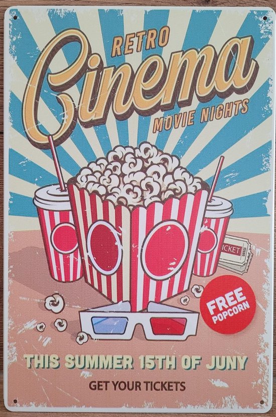 Retro Cinema popcorn van metaal METALEN-WANDBORD - MUURPLAAT - | bol.com