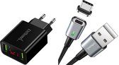 DrPhone iCON - Magnetische USB-C Oplaadkabel 3A + Thuislader 2 poorten USB Oplader 2.2A met LED Display - Zwart